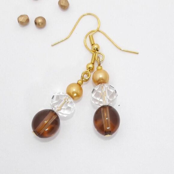 Artisan earrings  401# bohemian Smokey Glass Yellow Pearl drop gold Goldplate 9 - Picture 1 of 5
